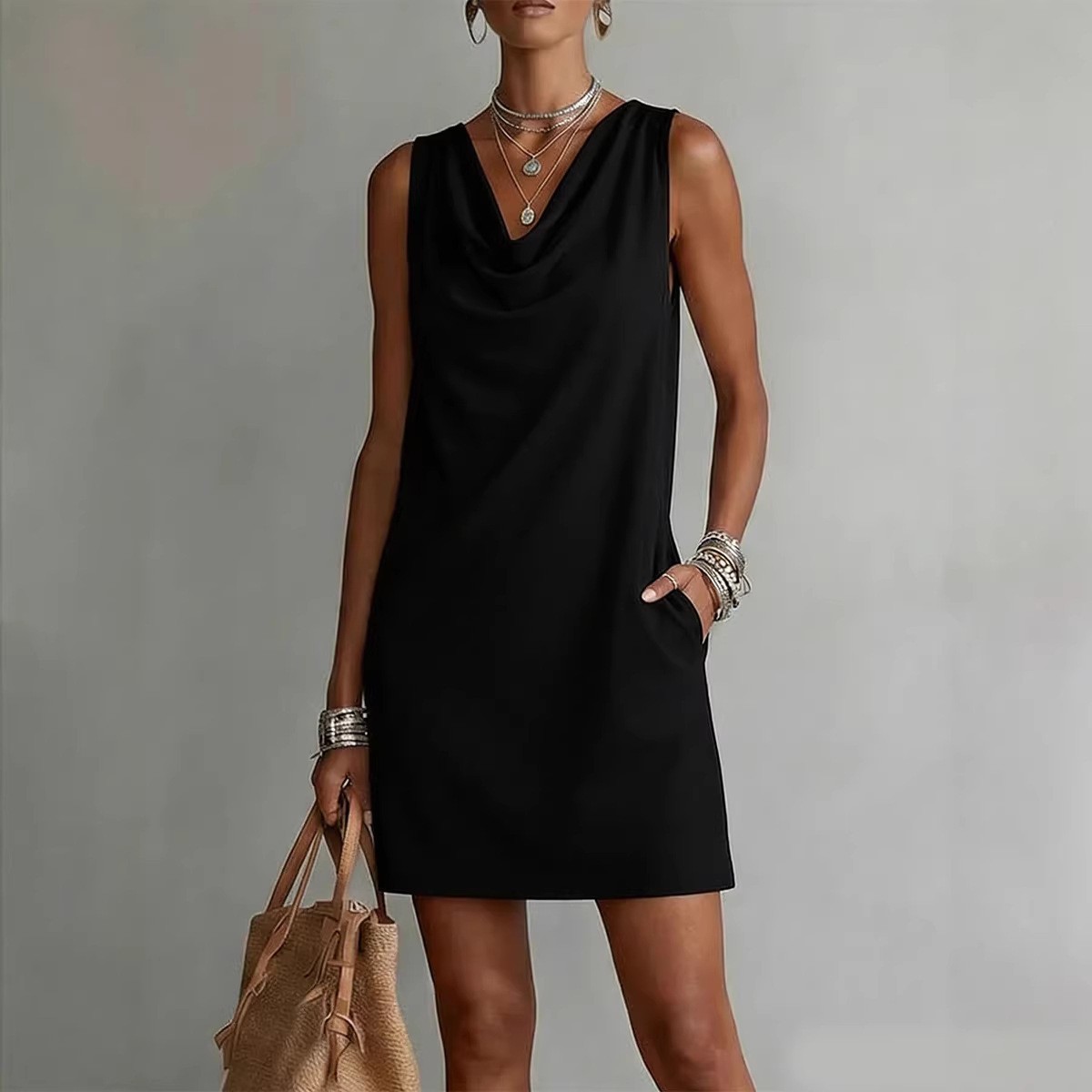 Women’s Slim Fit Sleeveless Summer Dress – Draped Neckline, Party & Beach