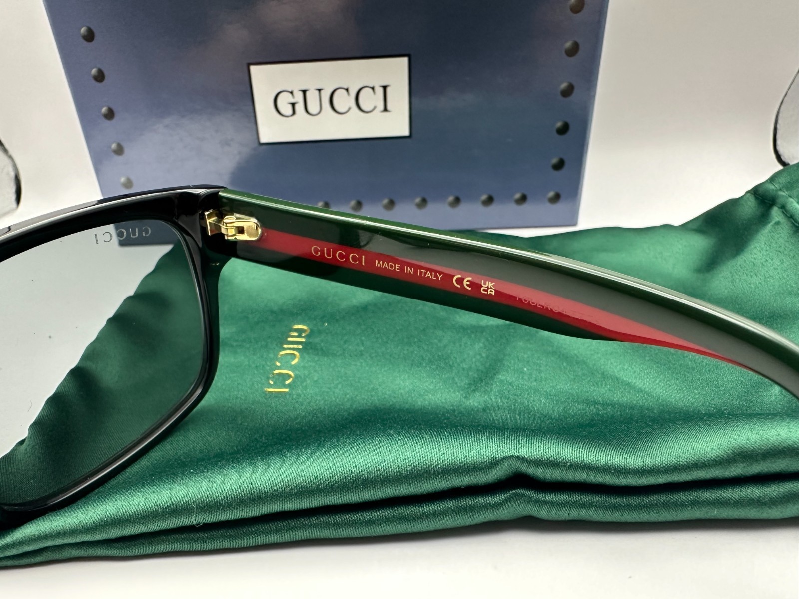 Gucci Rectangular Sunglasses GG0340S 006 Black/Green/Red 58mm 340