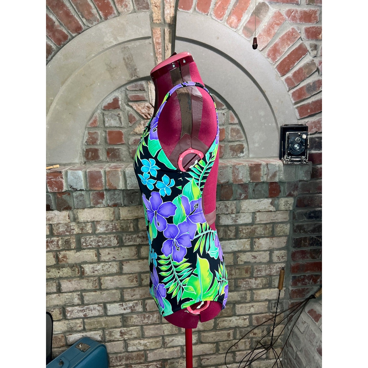 one piece swimsuit floral bright purple green blue