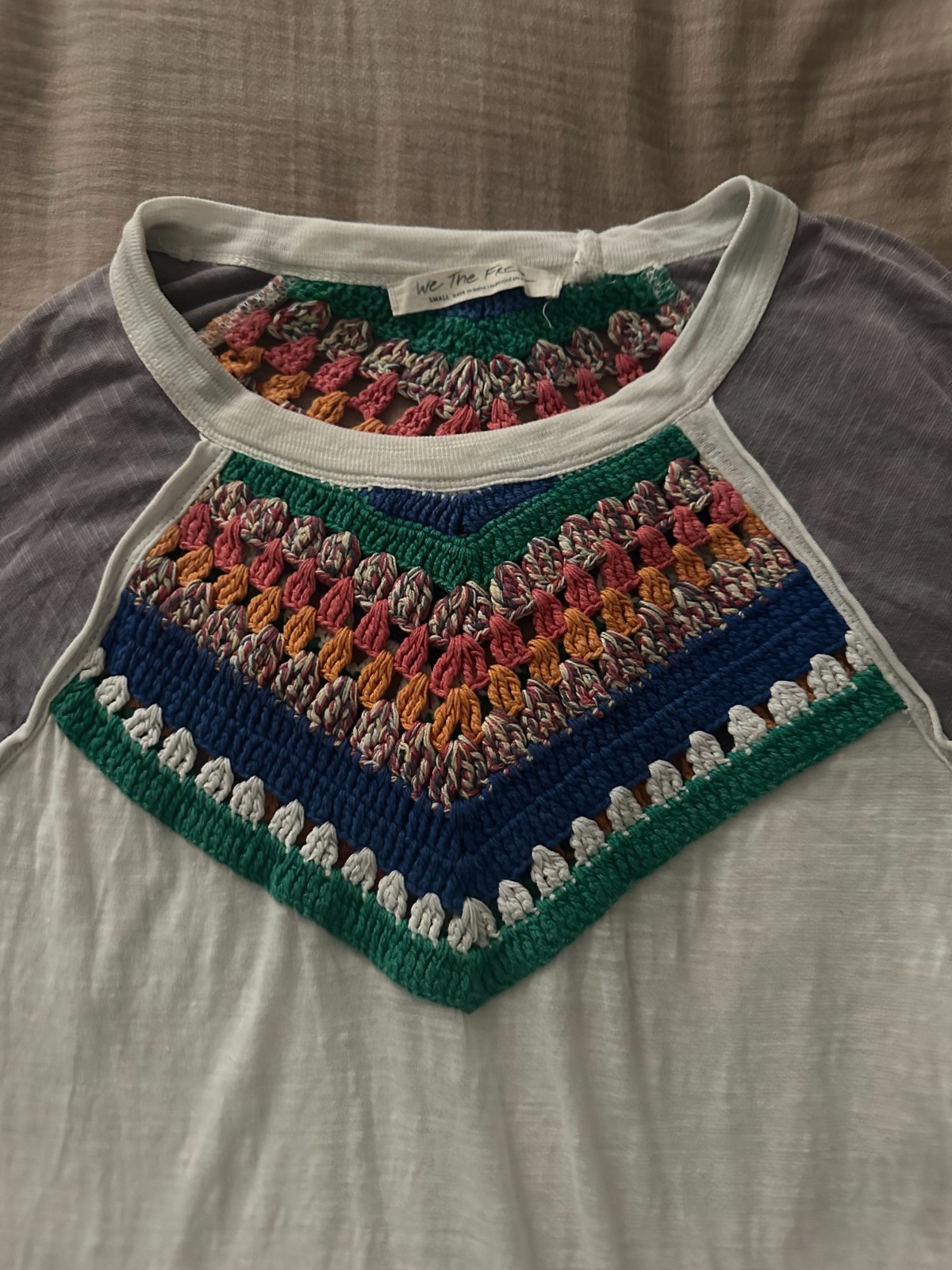 Free People – We the Free – Colorful Crocheted baseball style t-shirt – Size S