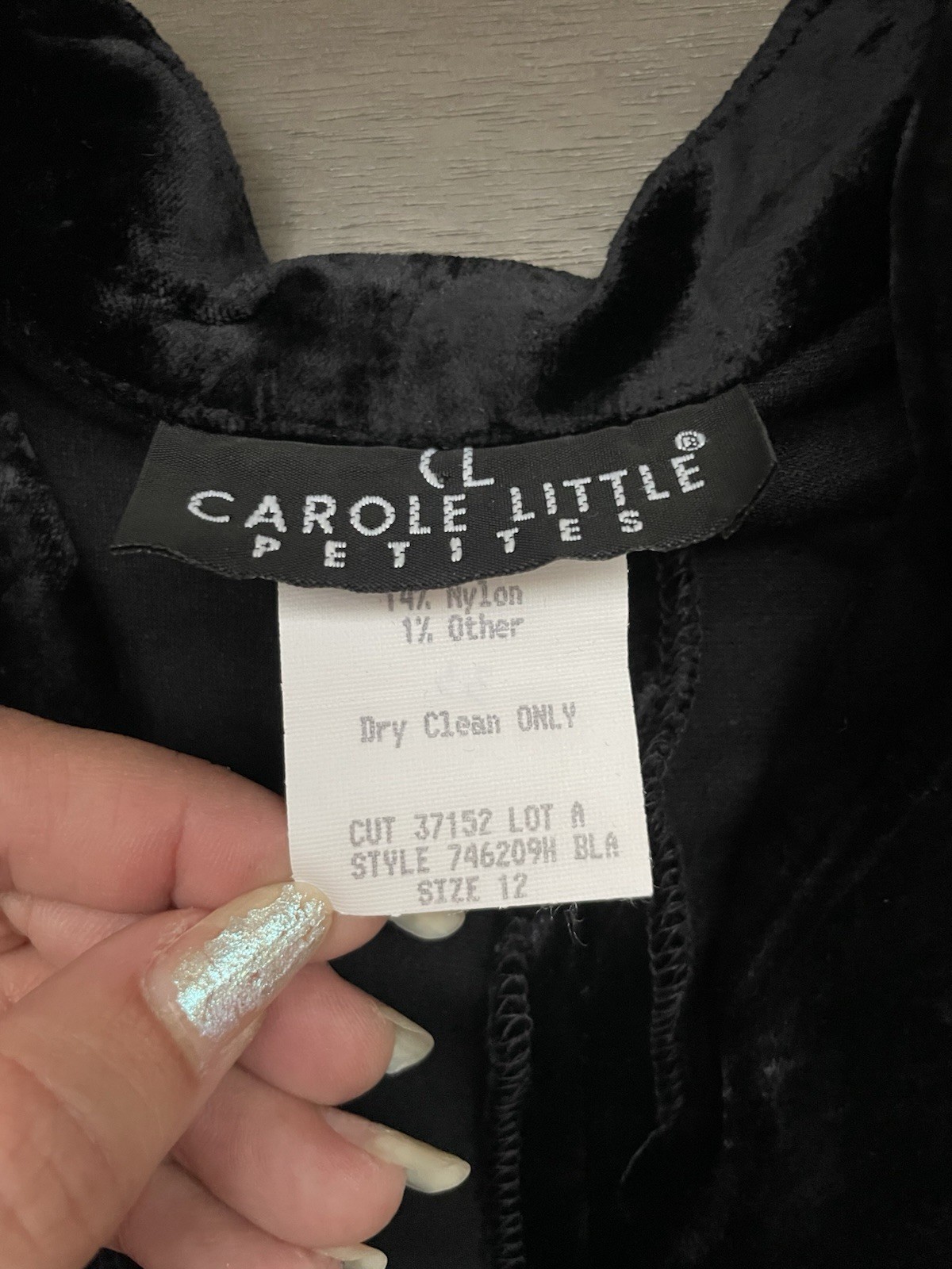 90s Vintage Carole Little Black Velvet Long-Sleeve Dress Size 12 – Made in USA