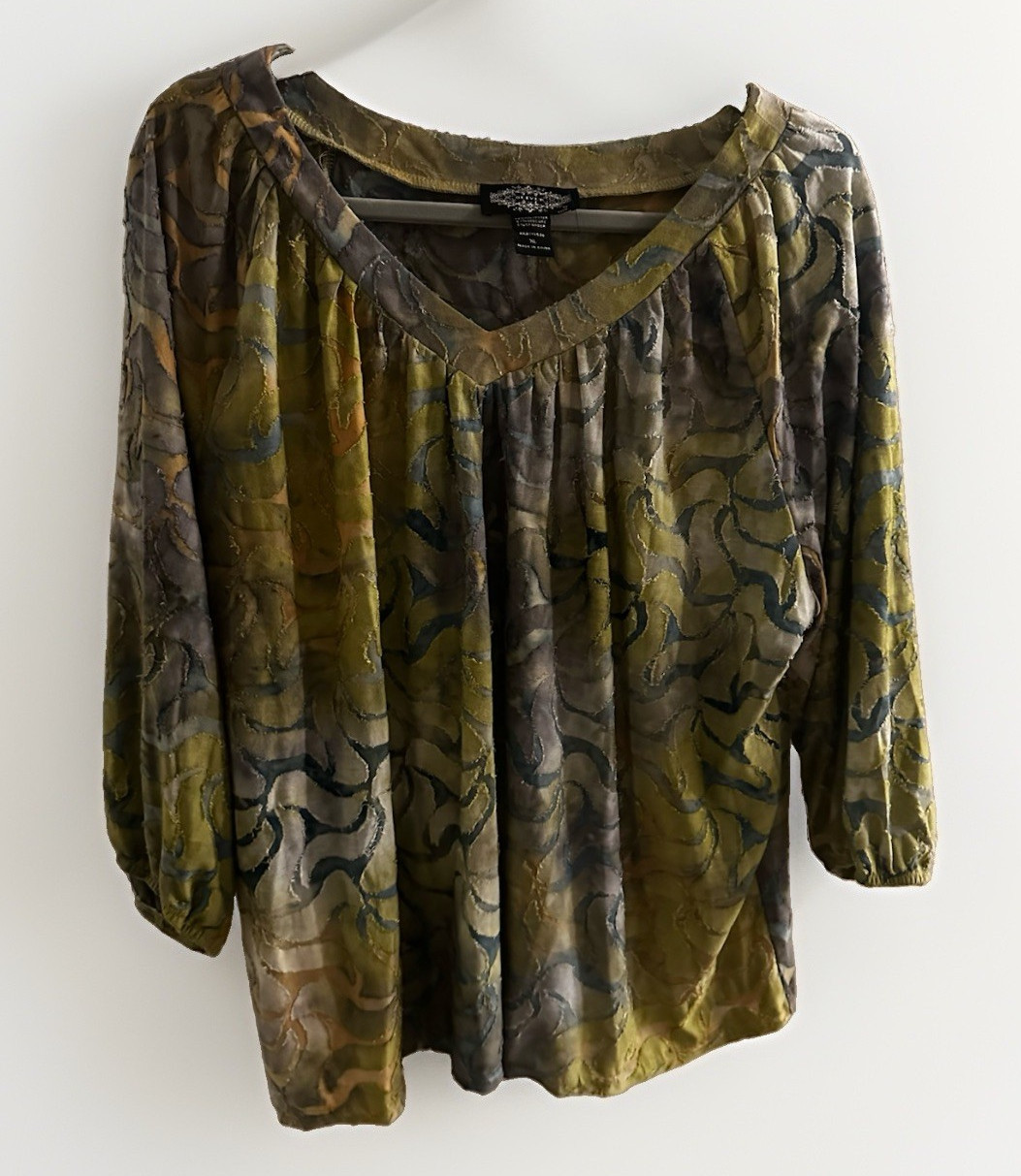 Oliver by Escio Women’s XL Green/Brown Floral 3/4 Sleeve Pullover Blouse
