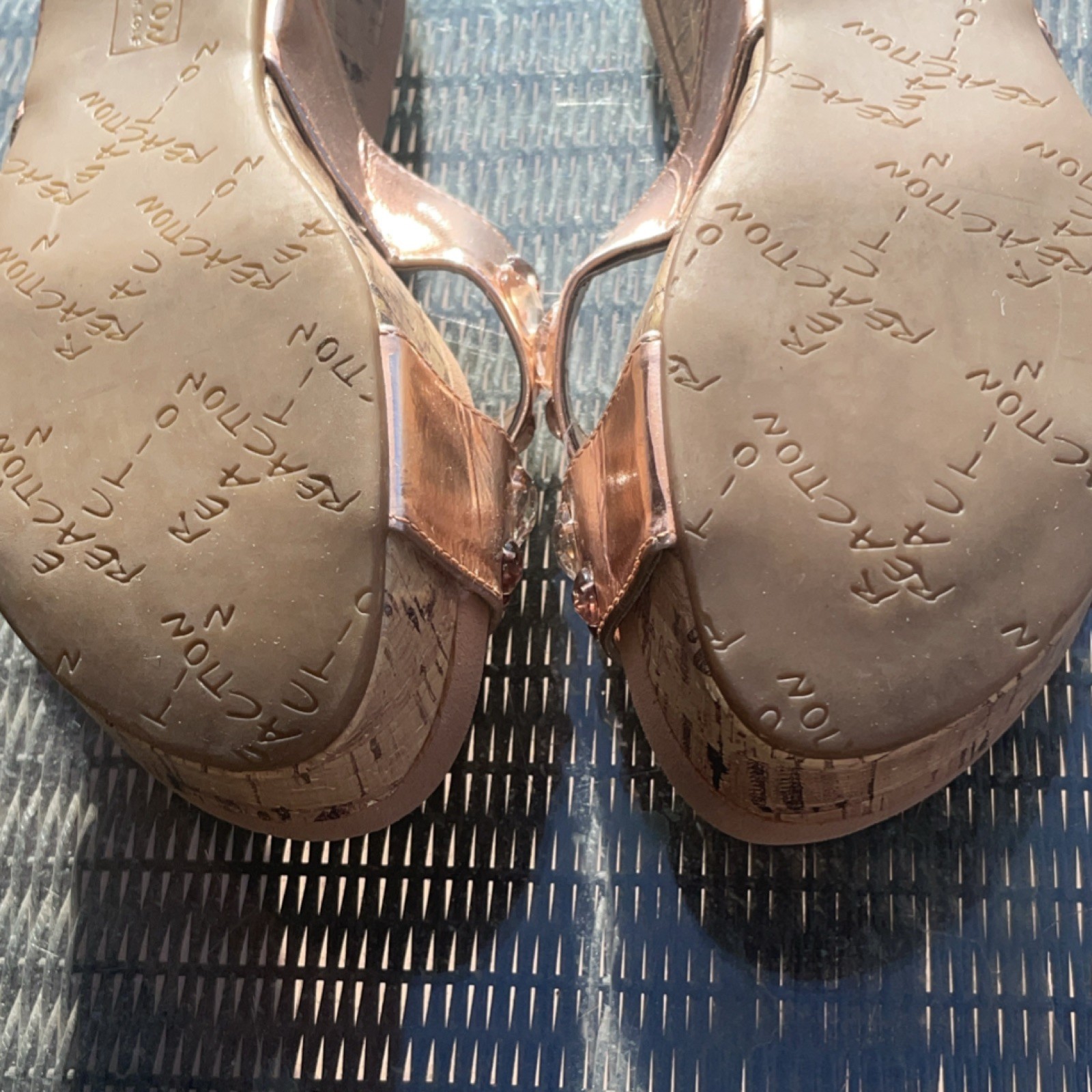 Kenneth Cole Reaction Women’s Gold Studded Rhinestone Wedge Slide Sandals 8M