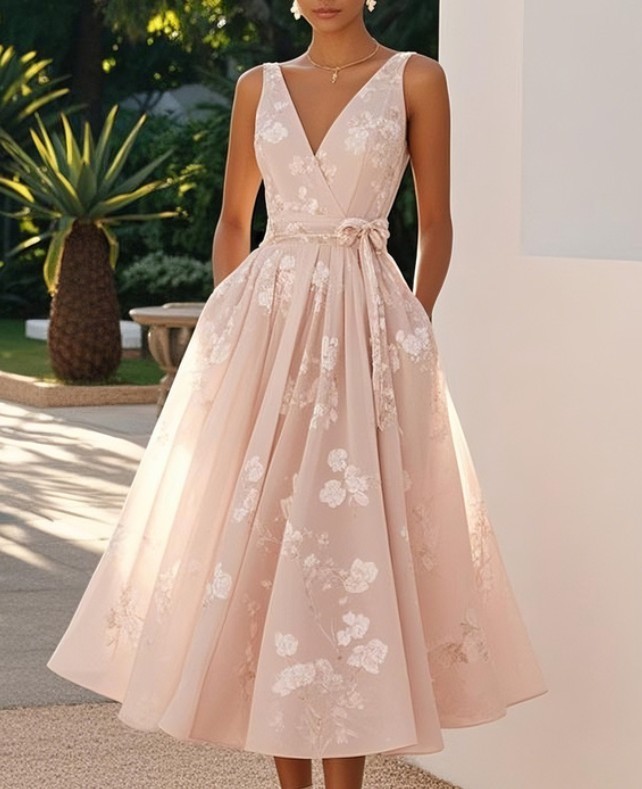 Women Sleeveless V Neck Floral Midi Dress Wedding Guest Formal Evening Gown