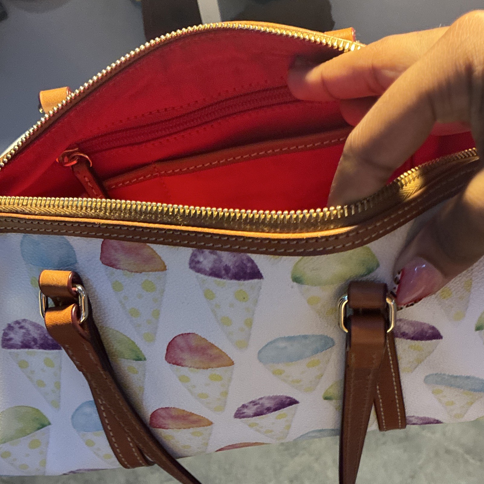 Dooney & Bourke Ice Cream Print Small Shoulder Bag Zip Brown Strap Red Lining
