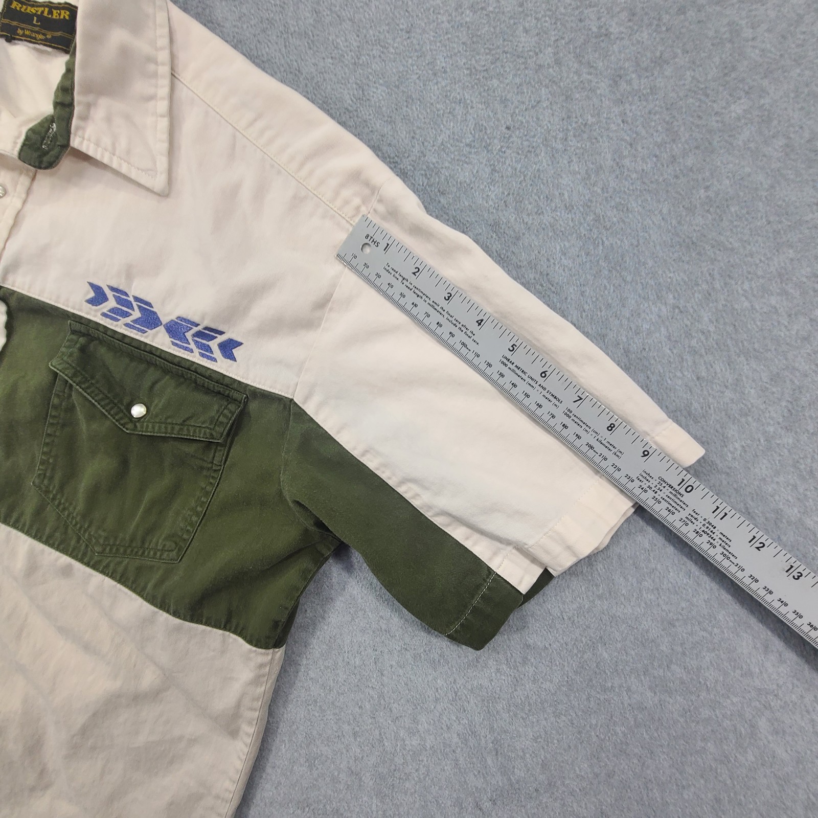 Vtg Rustler by Wrangler Western Shirt Men Large Green Off White Pearl Snap Aztec