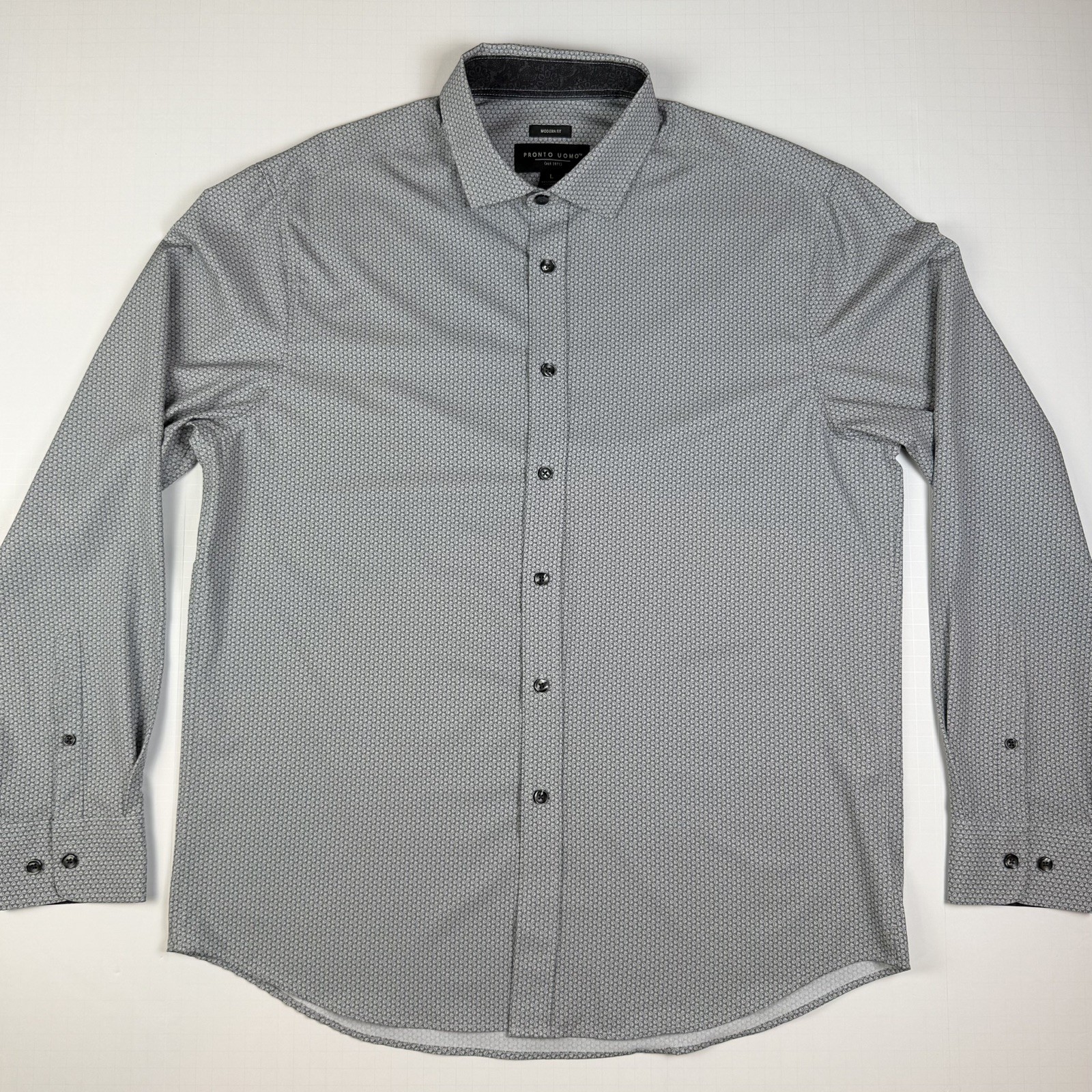 Pronto Uomo Mens Dress Shirt Modern Fit Large Gray Geometric pattern Button-Up