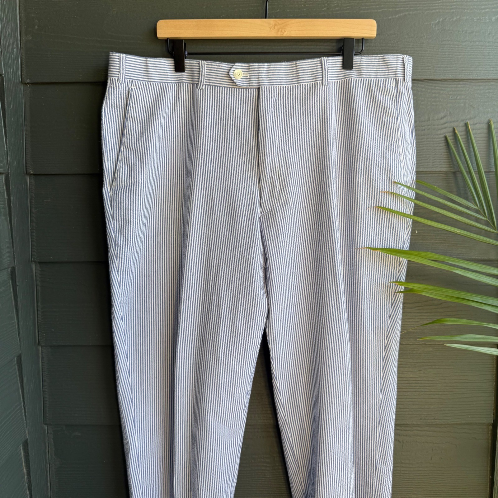 Alan Flusser Seersucker Cotton Dress Pants Blue White Stripe 40×32