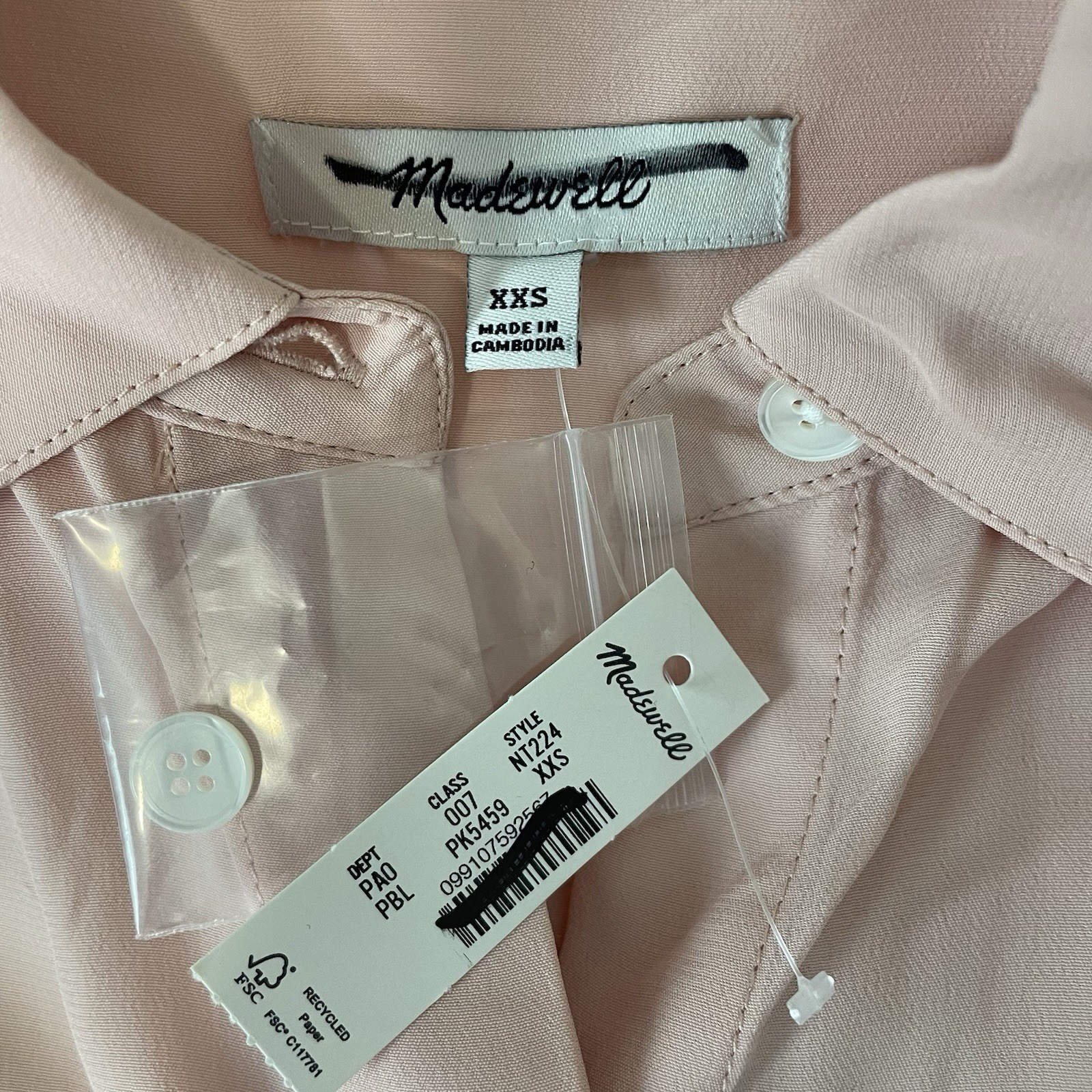 Madewell Long-Sleeve Button-Front Top Pale Blush XXS NT224 Western Elegant