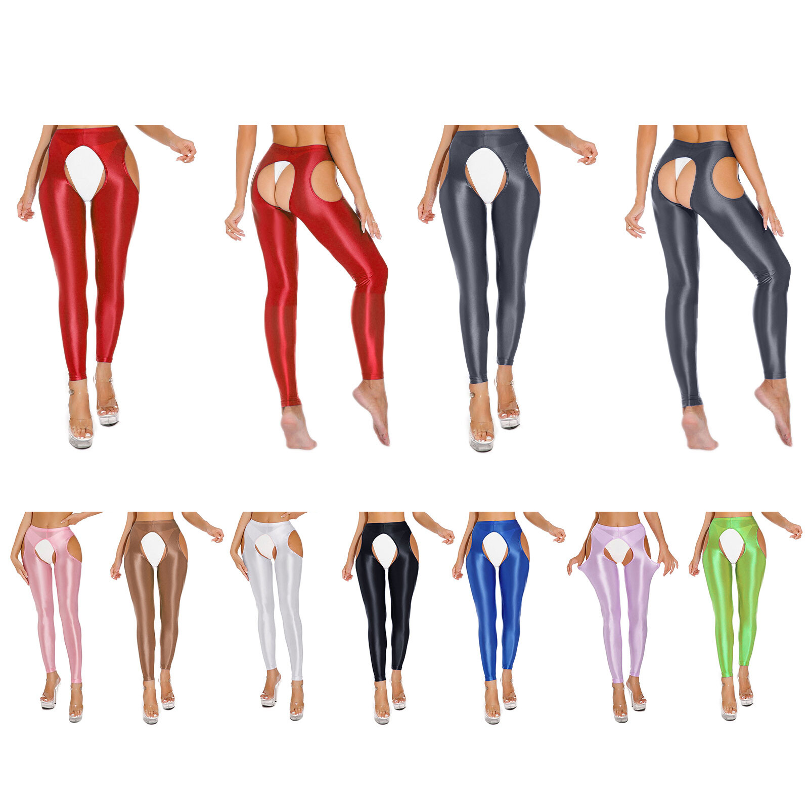 US Womens Glossy High Waist Cut Out Leggings Solid Color Skinny Yoga Pants