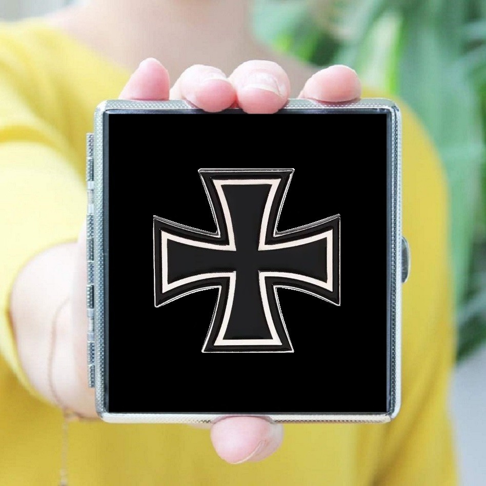 IRON CROSS Cigarette Case – Leather Stainless Steel – Enameled Steel Emblem