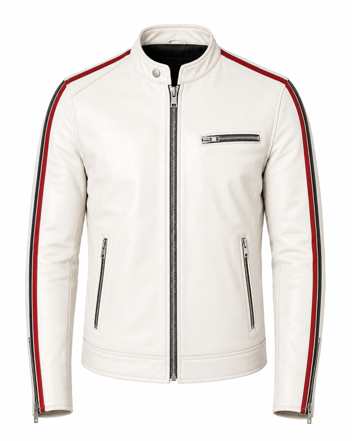 Men’s White Real Lambskin Leather Cafe Racer Jacket Red Black Racing Stripes