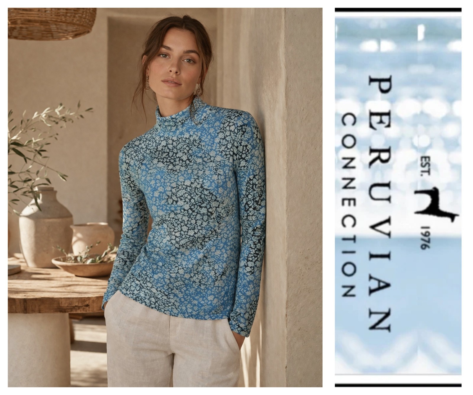 Peruvian Connection Teal Mille Fleur T-Neck Turtle Neck Quiet Luxury Top L
