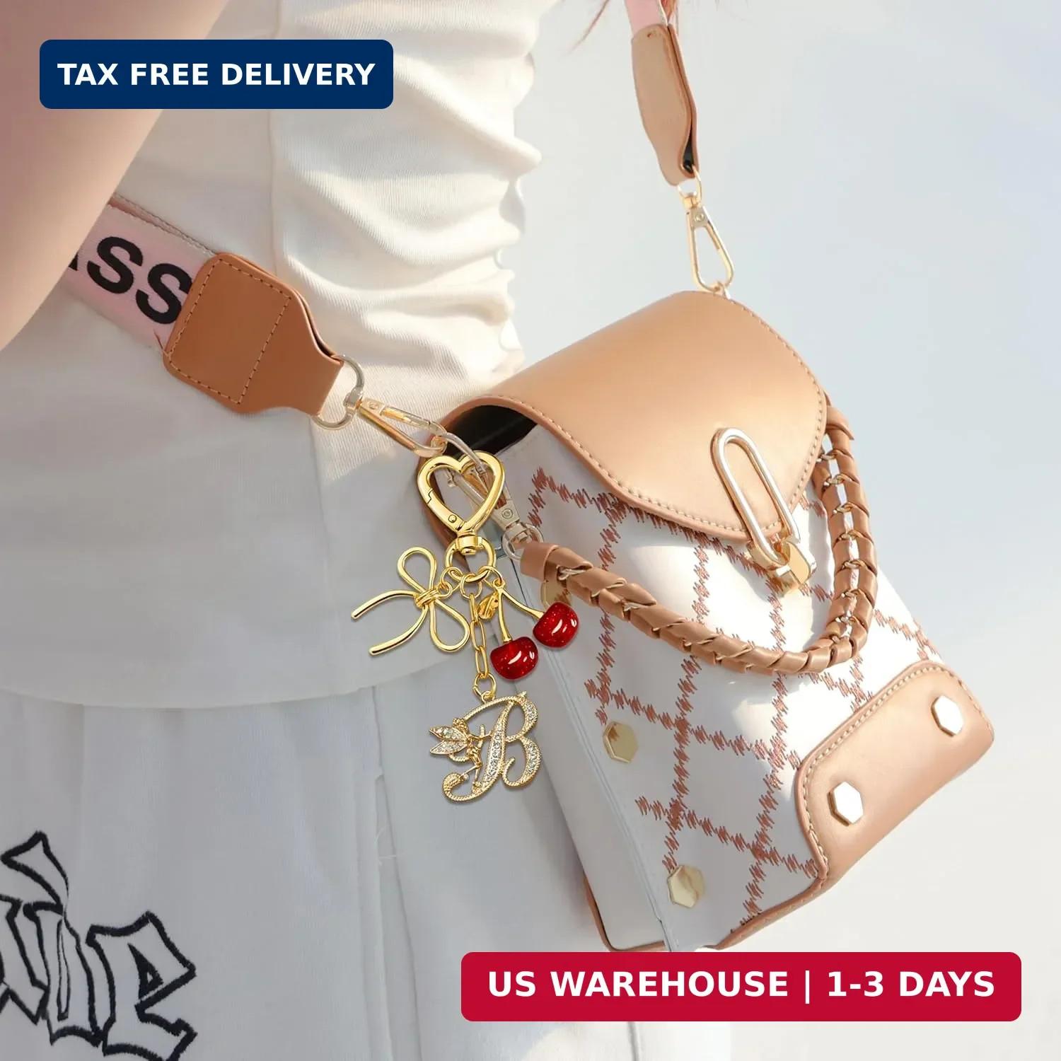 Initial Keychain with Bow and Cherry,Gold Letter Bag Charms for Women,Cute Purse