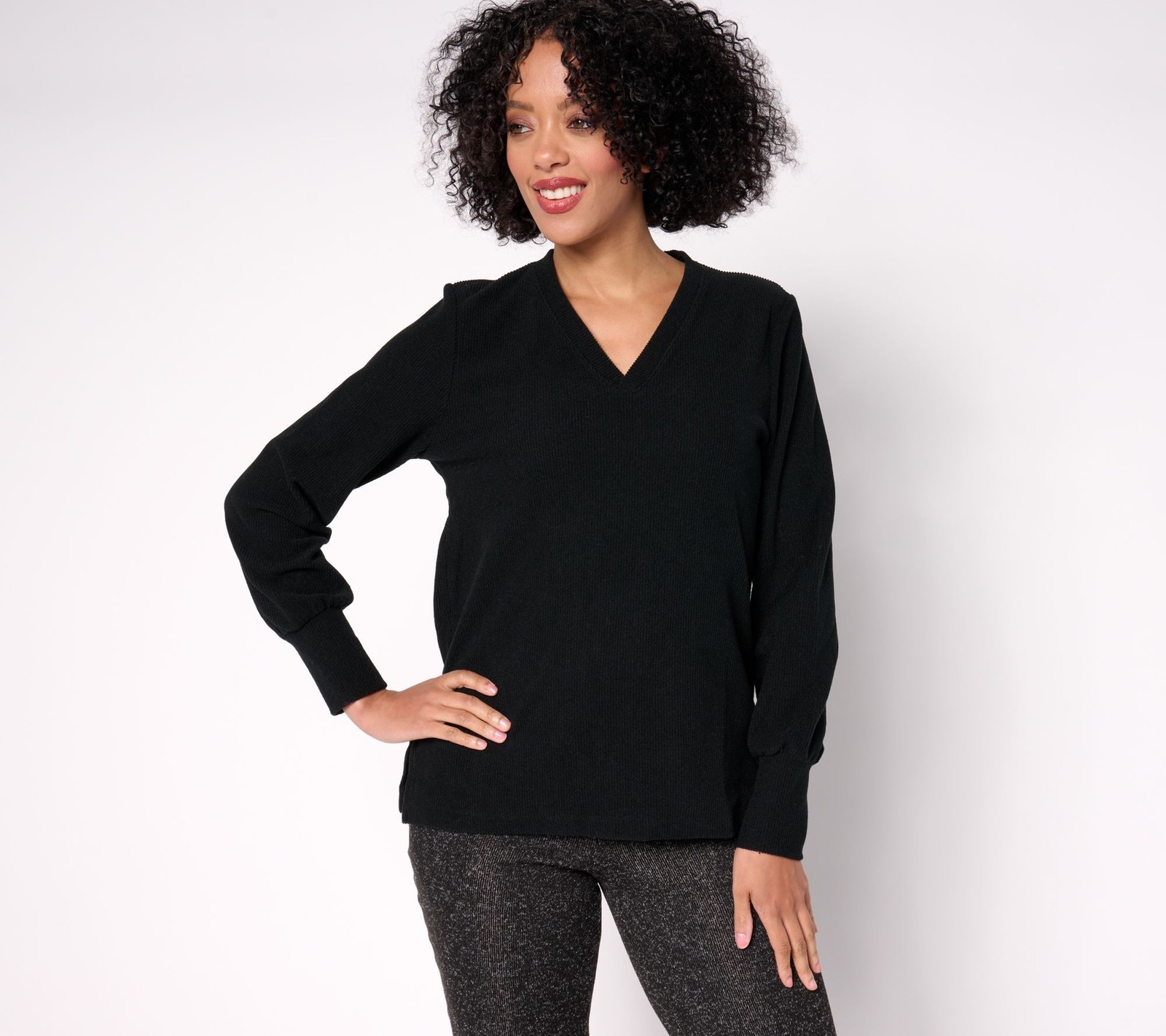 Cuddl Duds Women’s Top Plus Sz 3X Ribbed Fleece V-Neck Pullover Black A667646