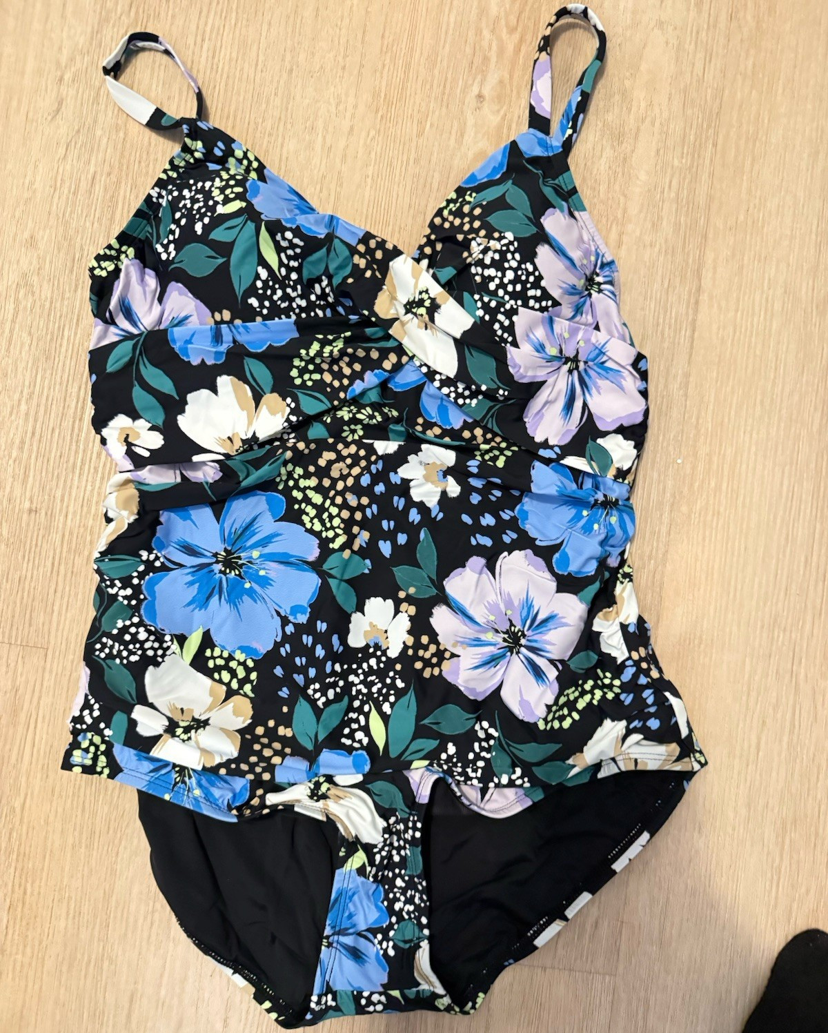 Jantzen Women’s Black/Blue Floral Wide Strap One Piece Swimsuit Size 10