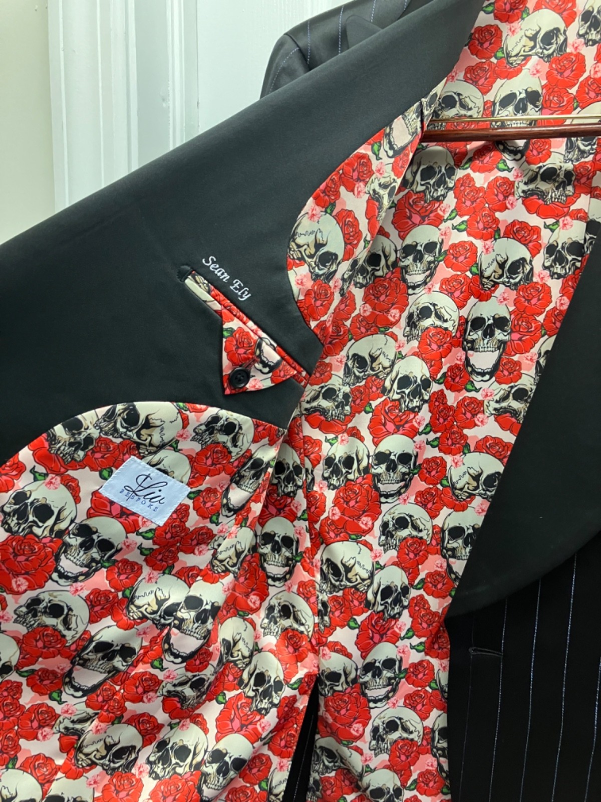 New Men’s Black Satin Tuxedo Suit with Blue Shiny Pinstripes