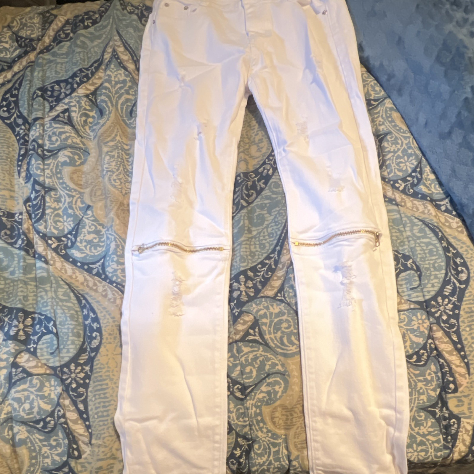 Fredd Marshall Men’s White Slim Fit Jeans Knee Zipper, 5-Pocket, Size M