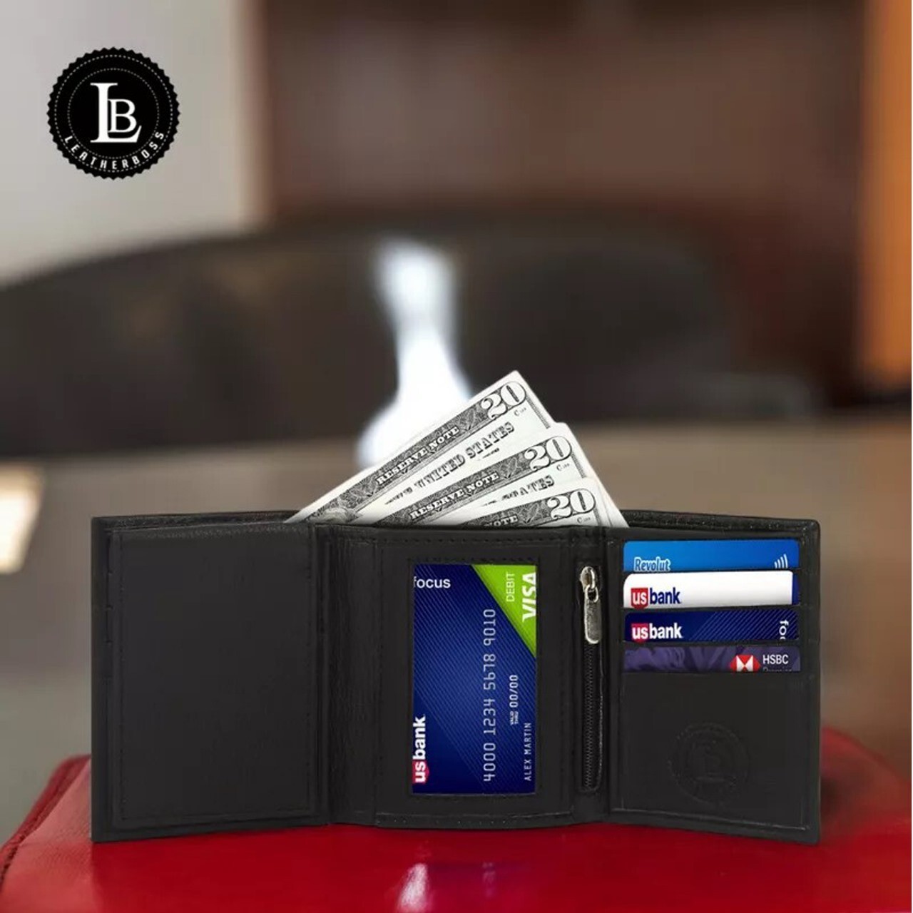 Leatherboss Men’s Genuine Leather RFID-Blocking Trifold Wallet Black