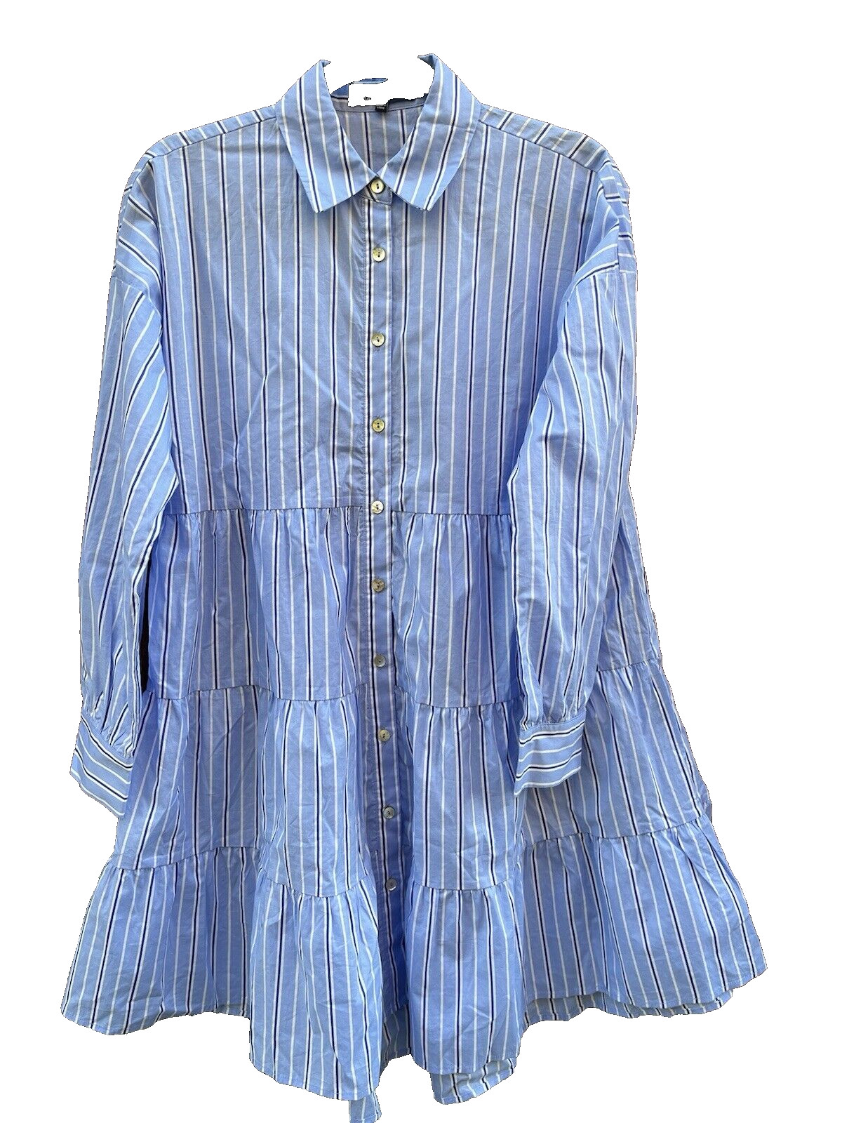 Pomander Place Shades of Blue Striped Cara Tiered Shirt Dress, Size XS