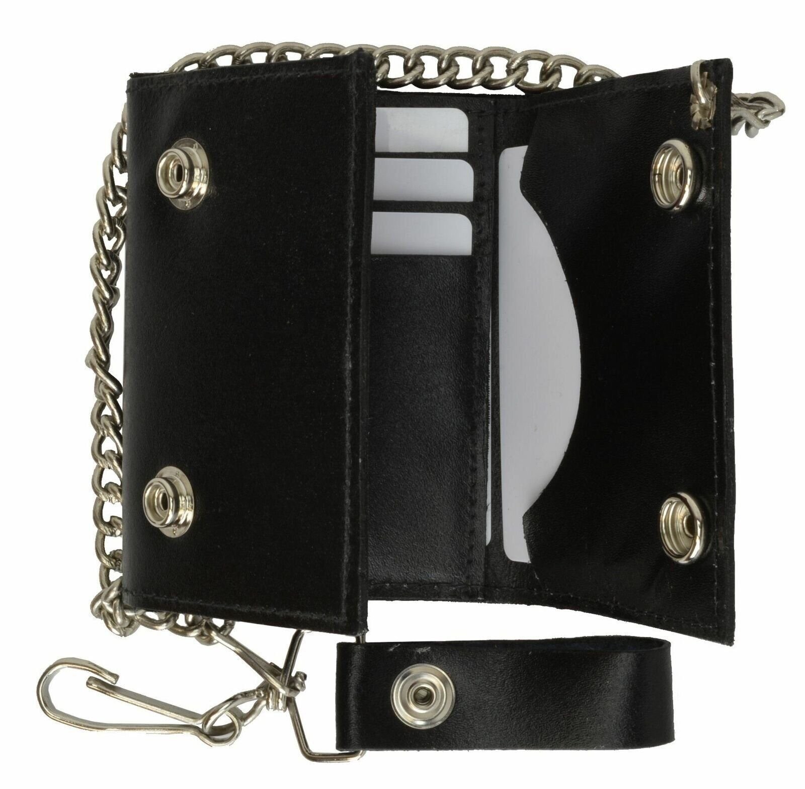 Marshal Genuine Leather Men’s Trifold Wallet with Chain Biker Trucker Black