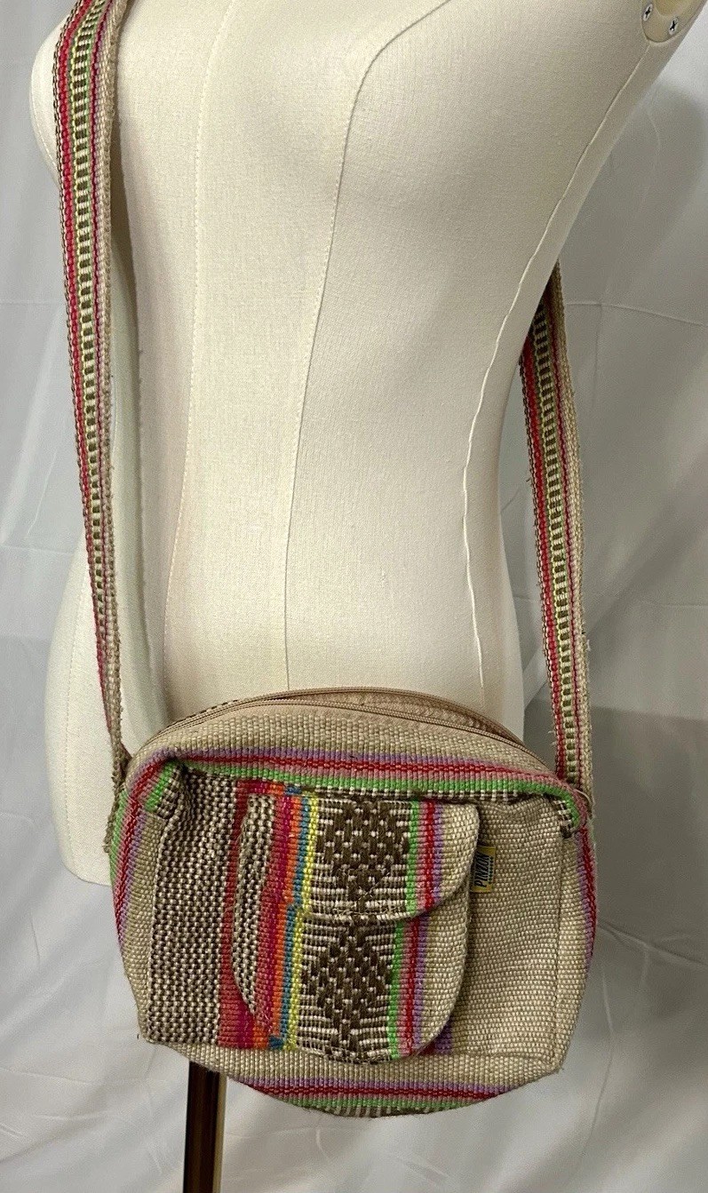 PINZON Woven Striped Beige Multicolor Crossbody Bag Zip, Adjustable Strap
