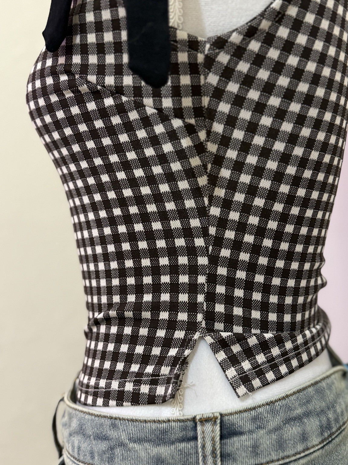 CIDER Women’s Gingham Tie Shoulder Top XXS Black White NWT