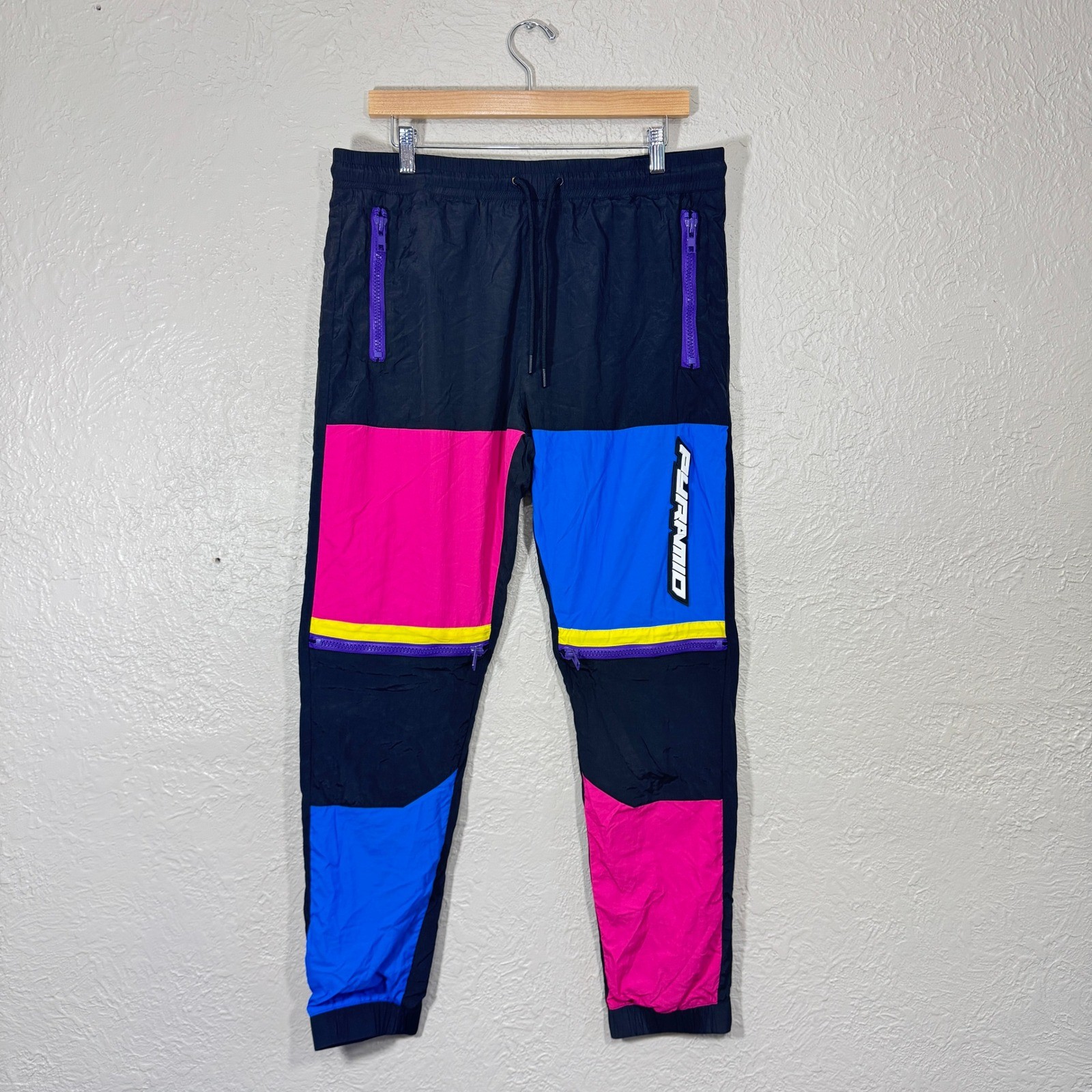 Black Pyramid Track Pants XL Parachute Joggers Colorblock Neon 90s Streetwear
