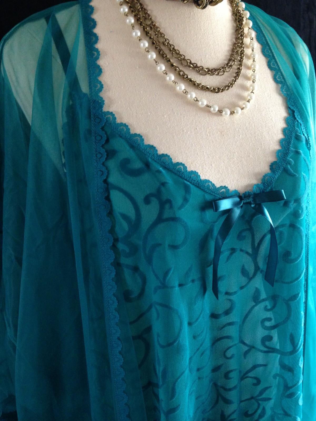 Pretty Jade Green Long Nightgown w/ Velvet Swirls & Sheer Robe Long Peignoir