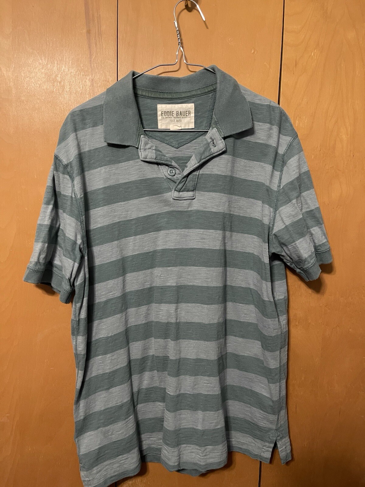 EDDIE BAUER CLASSIC COTTON SLUB FADED GREEN BLUE BLOCK STRIPED POLO MEN SMALL