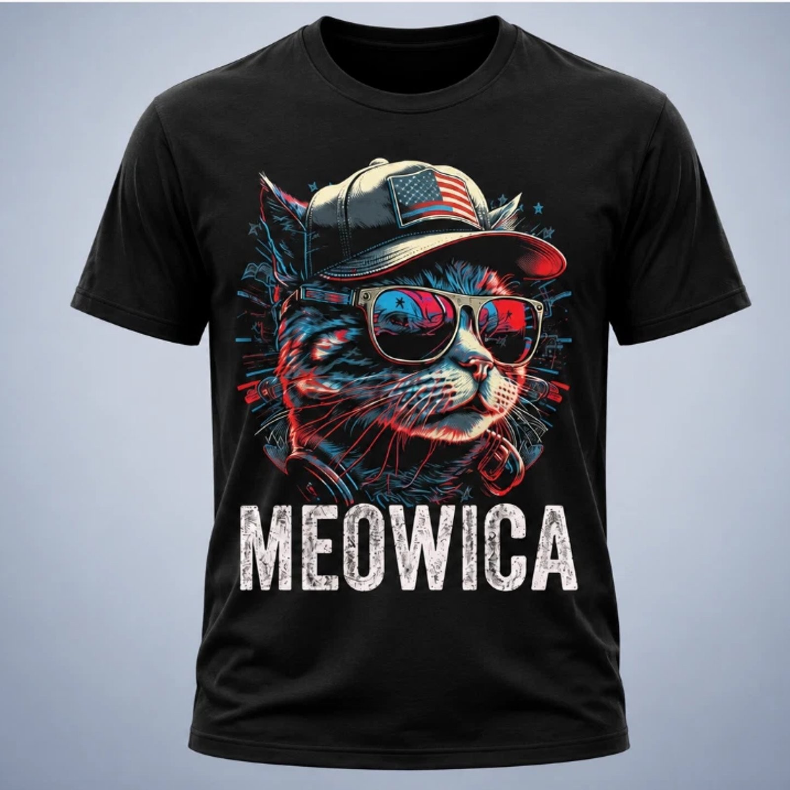 Funny Meowica Cat 4th Of July Patriotic USA Flag T-Shirt Mens Graphic Tee