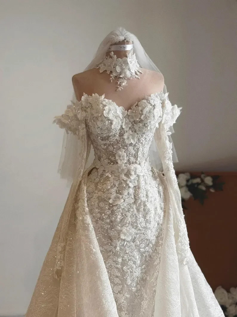 Detachable Wedding Dress Off Shoulder 3D Floral Lace Beaded Mermaid Bridal Gown