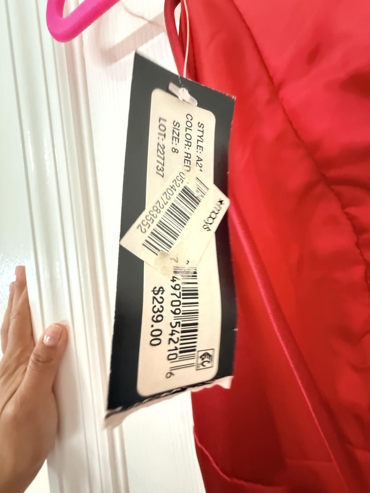 Betsy & Adam Red Satin Long Gown Size 8 Scoop Neck Open Back Pockets Zip