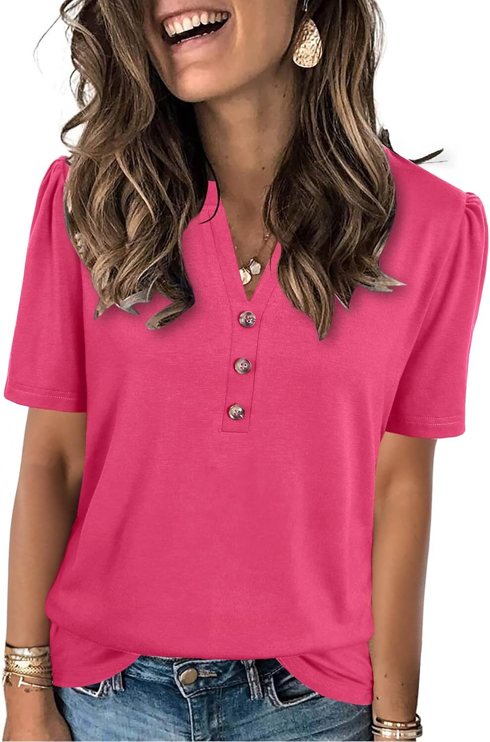 Short Sleeve Womens Casual Shirt Loose Fit V Neck Summer Top Soft Breathable