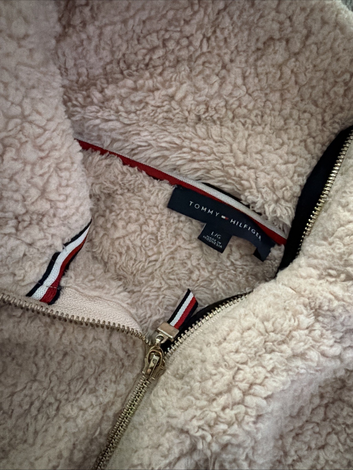 Tommy Hilfiger Womens Faux Fur Half Zip Fleece Pink Sherpa Jacket Size Large