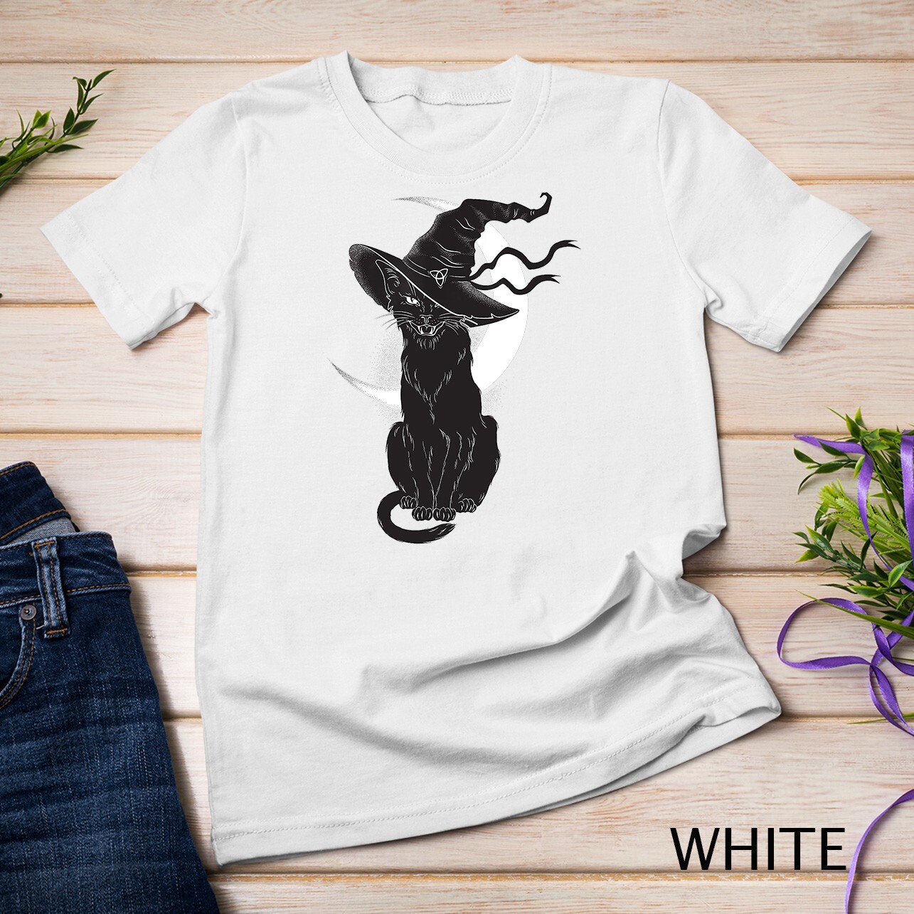 Vintage Scary Halloween Black Cat Costume Witch Hat & Moon Unisex T-shirt