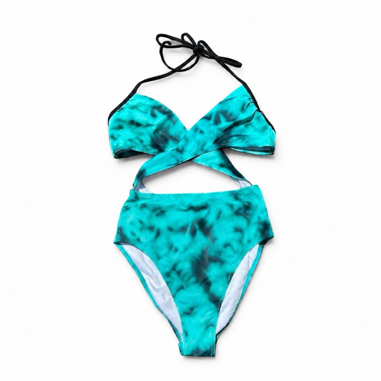 PINK Women’s M One-Piece Swimsuit Halter Tie Dye Turquoise Black White B Cup