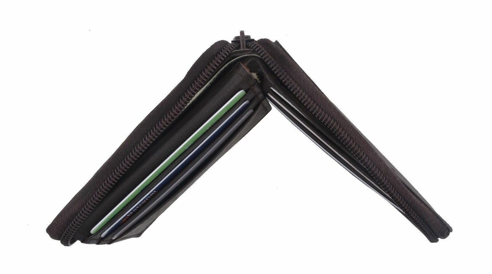 Genuine Leather Men’s Zipper Zip-Around Organizer Bifold Wallet Black Brown Tan!