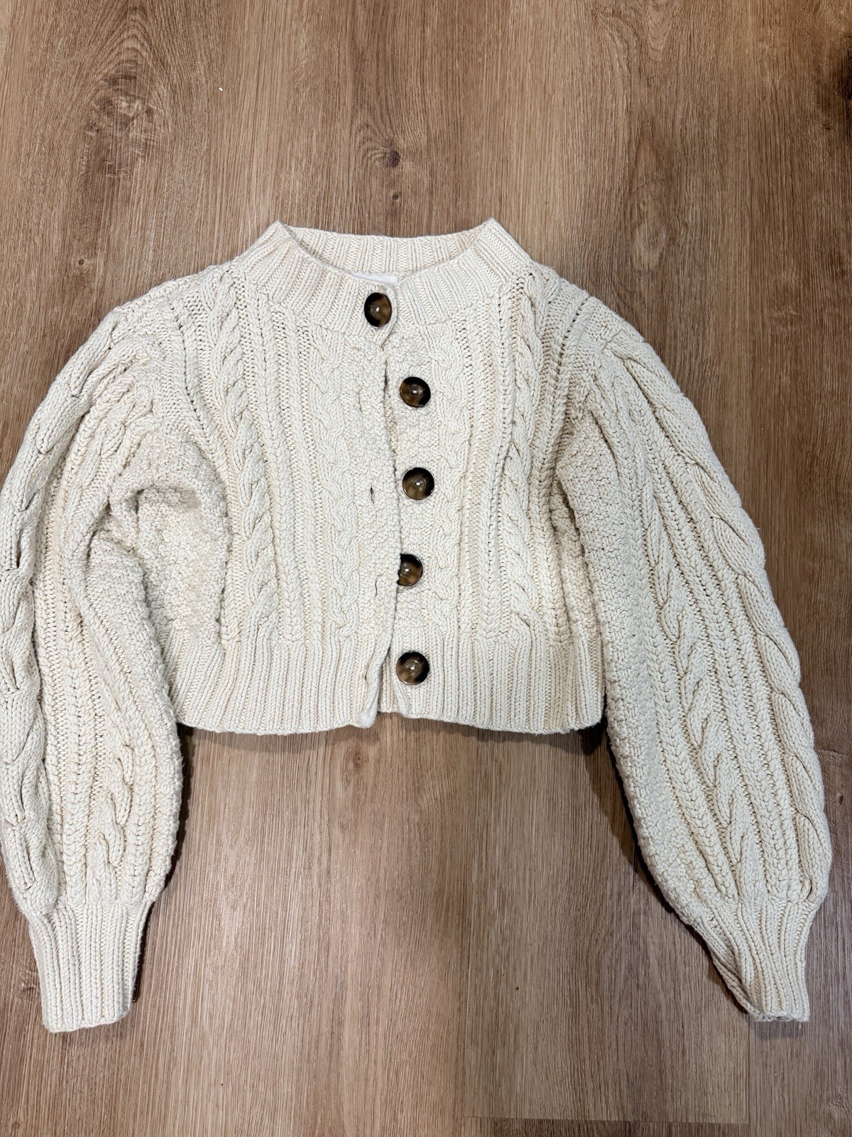 DÔEN Ivory Cable-Knit Button Front Crew Neck Long Sleeve Cardigan Sweater