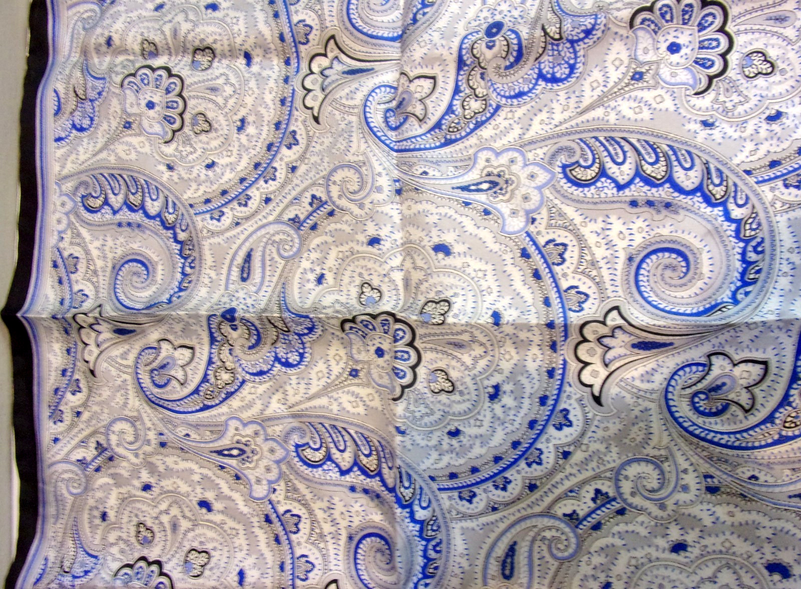 Piatelli ,Shades of Blue, Black Border,100% Silk Hand Rolled 16″ X ” Scarf