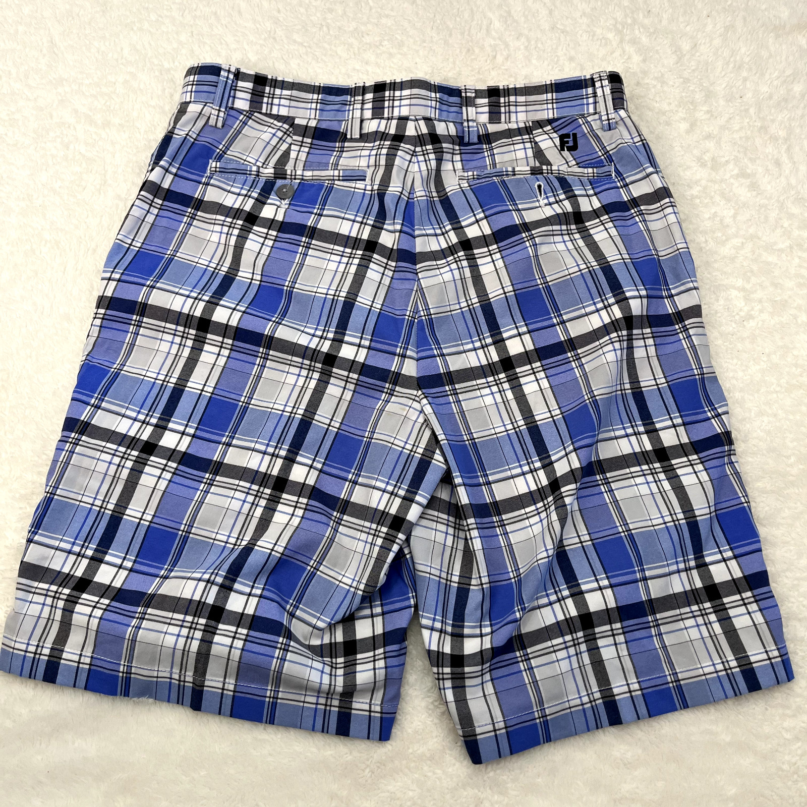 Footjoy Mens Shorts 32 Blue Black Plaid Golf Chino Flat Front Nylon Polyester