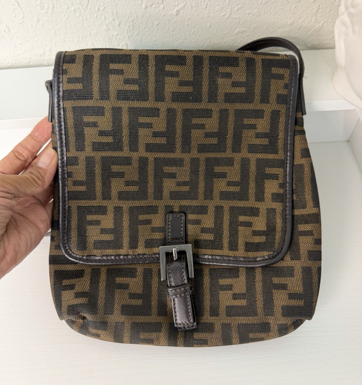 Fendi Zucca FF Monogram Brown Small Crossbody Bag Adjustable Detachable Strap