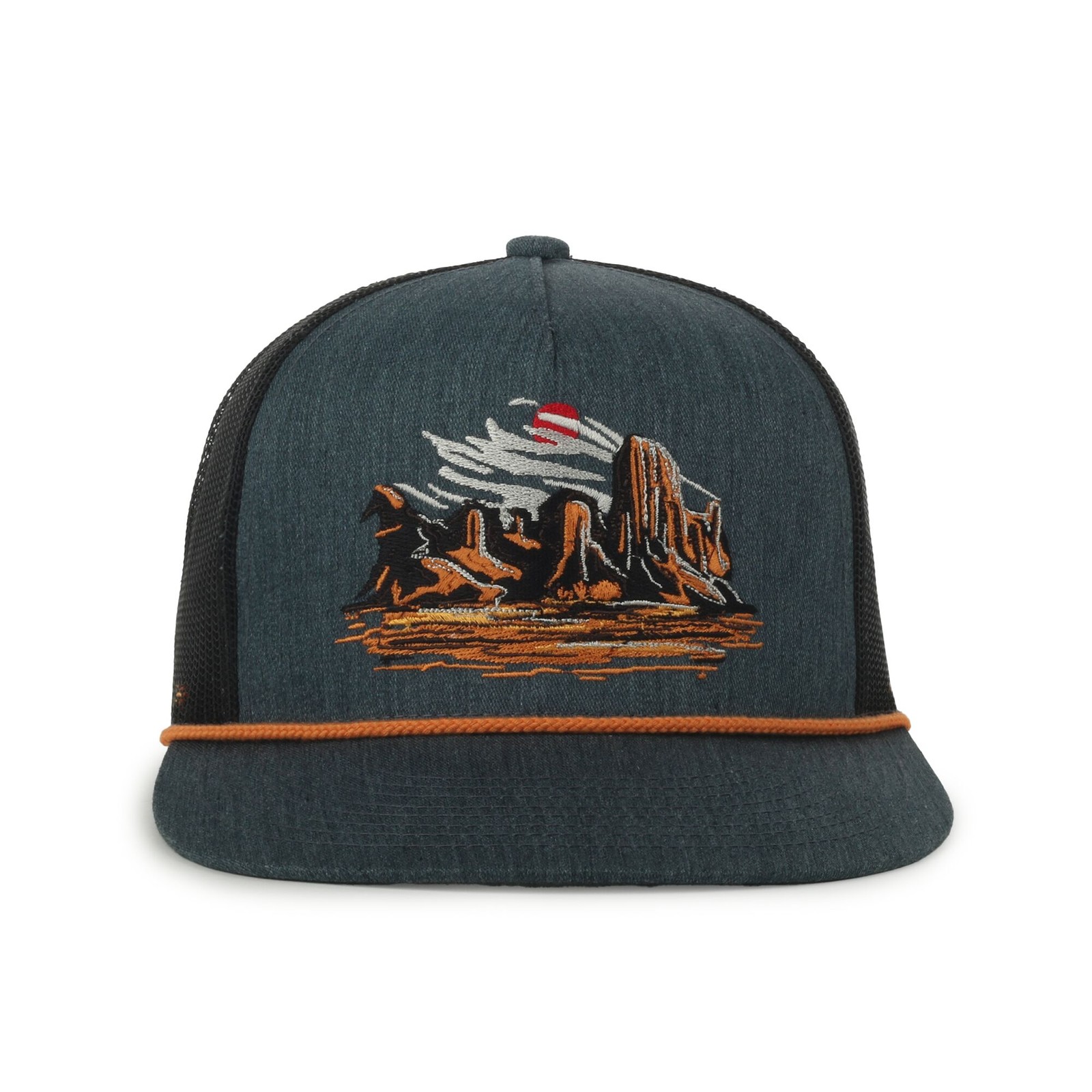Outdoor Cap Western Desert Scene Trucker Hat in Navy Black Mesh Back, High Crown