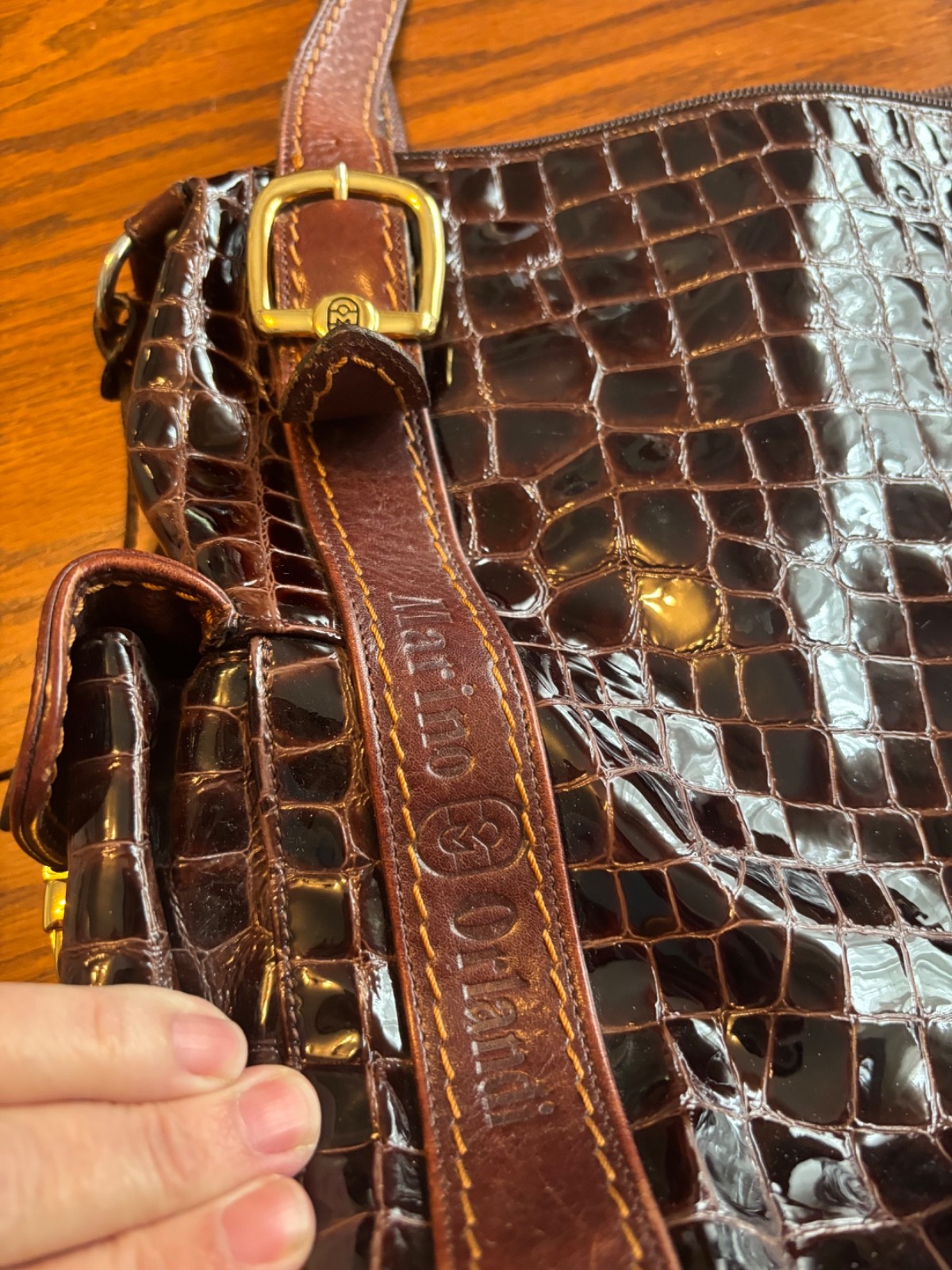 marino orlandi handbag purse tote crocodile embossed brown patent leather gold