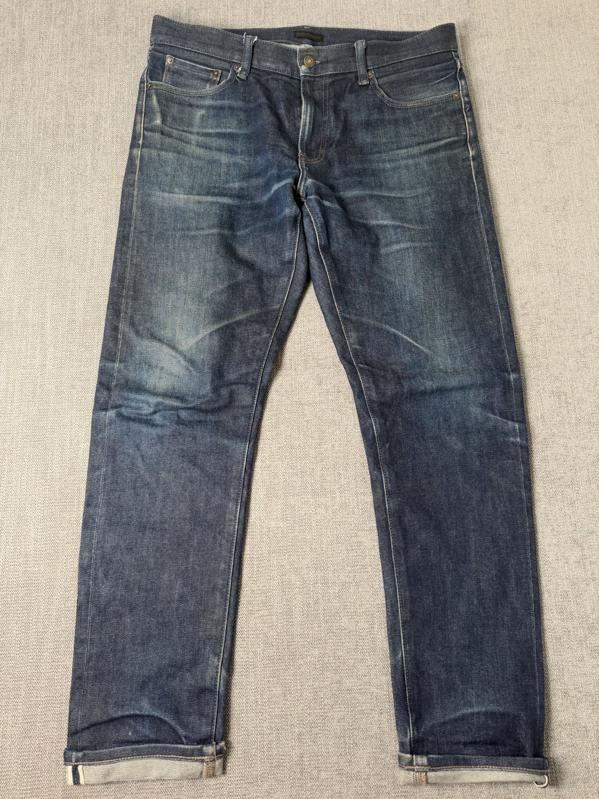 Uniqlo Jeans Mens 33×30 Dark Wash Blue Slim Straight Selvage Stretch Denim