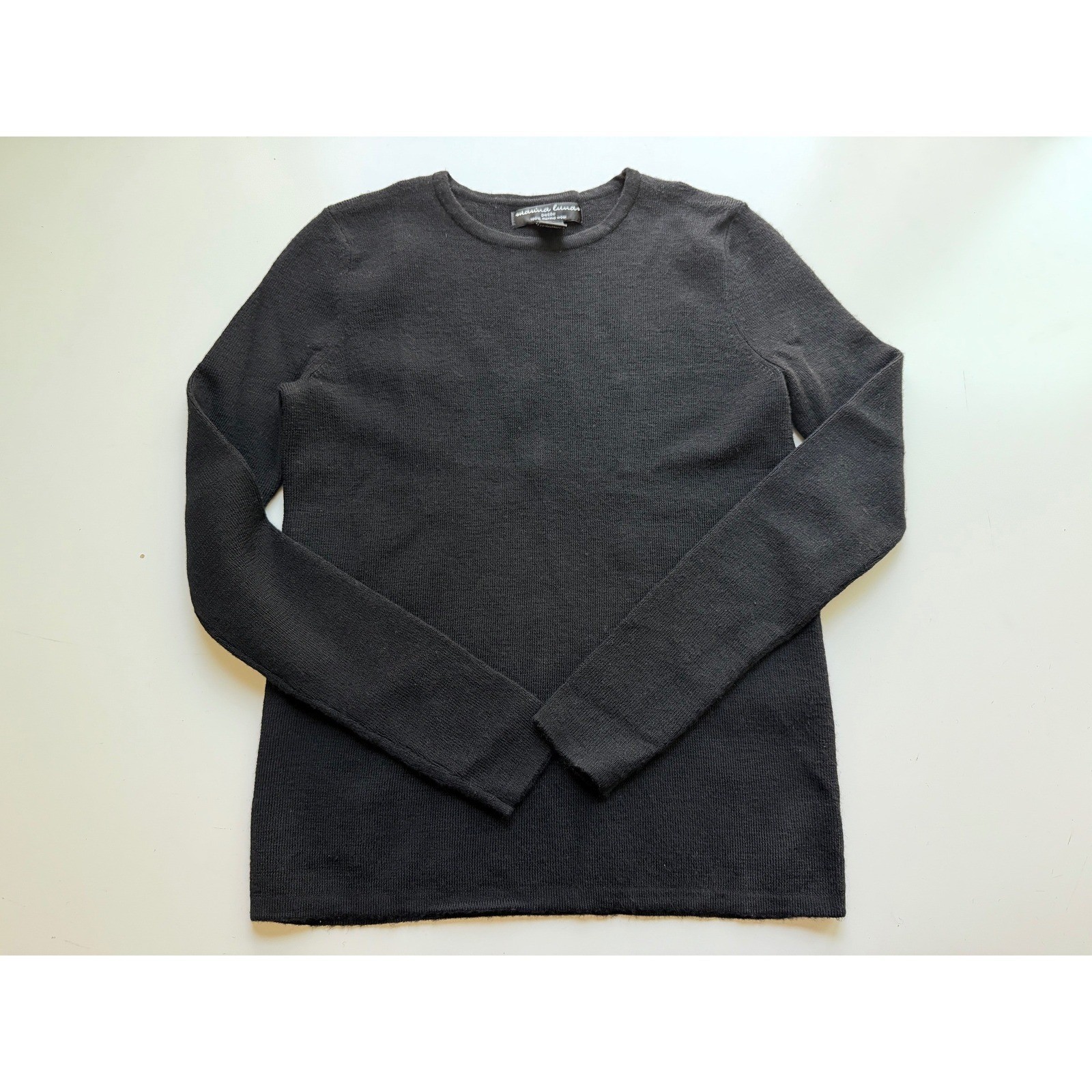 Marina Luna Petite Black 100% Merino Wool Crewneck Sweater PM Long Sleeve Knit