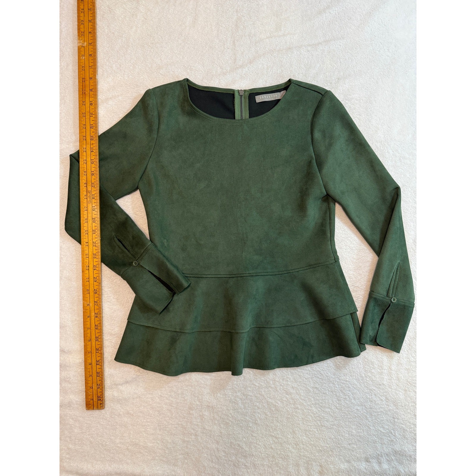 209 West 38 New York Womens Green Faux Suede Peplum Blouse Long Sleeve Small