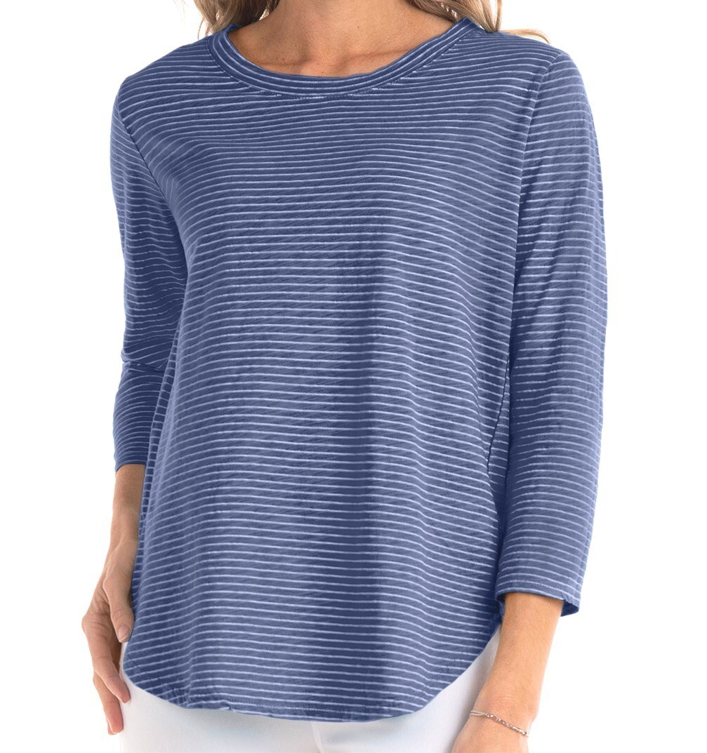 Fresh Produce medium Moonlight Blue ocean stripe Catalina 3/4 top $65 nwt new m