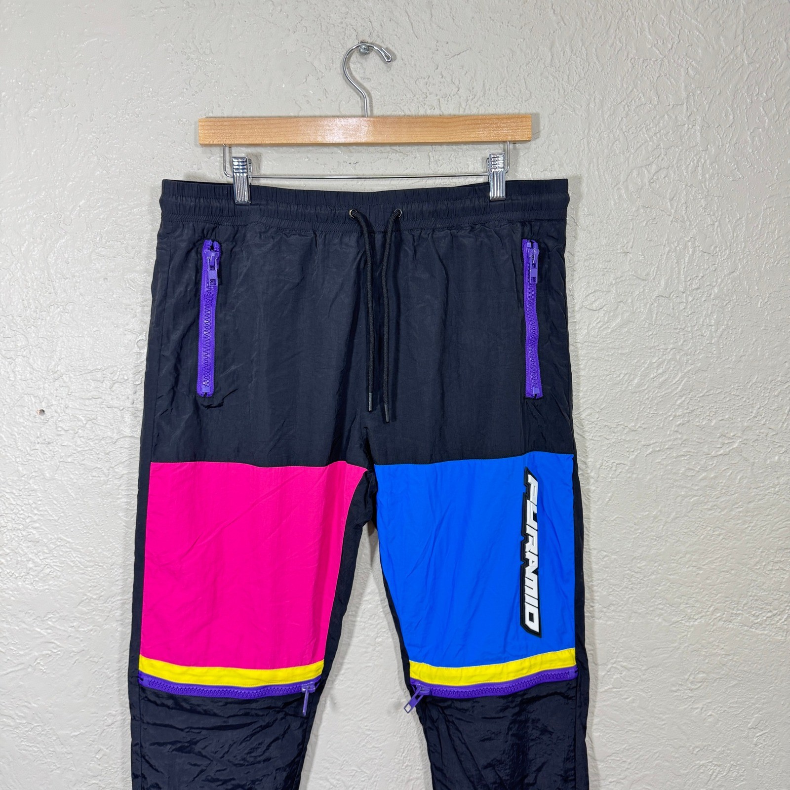Black Pyramid Track Pants XL Parachute Joggers Colorblock Neon 90s Streetwear