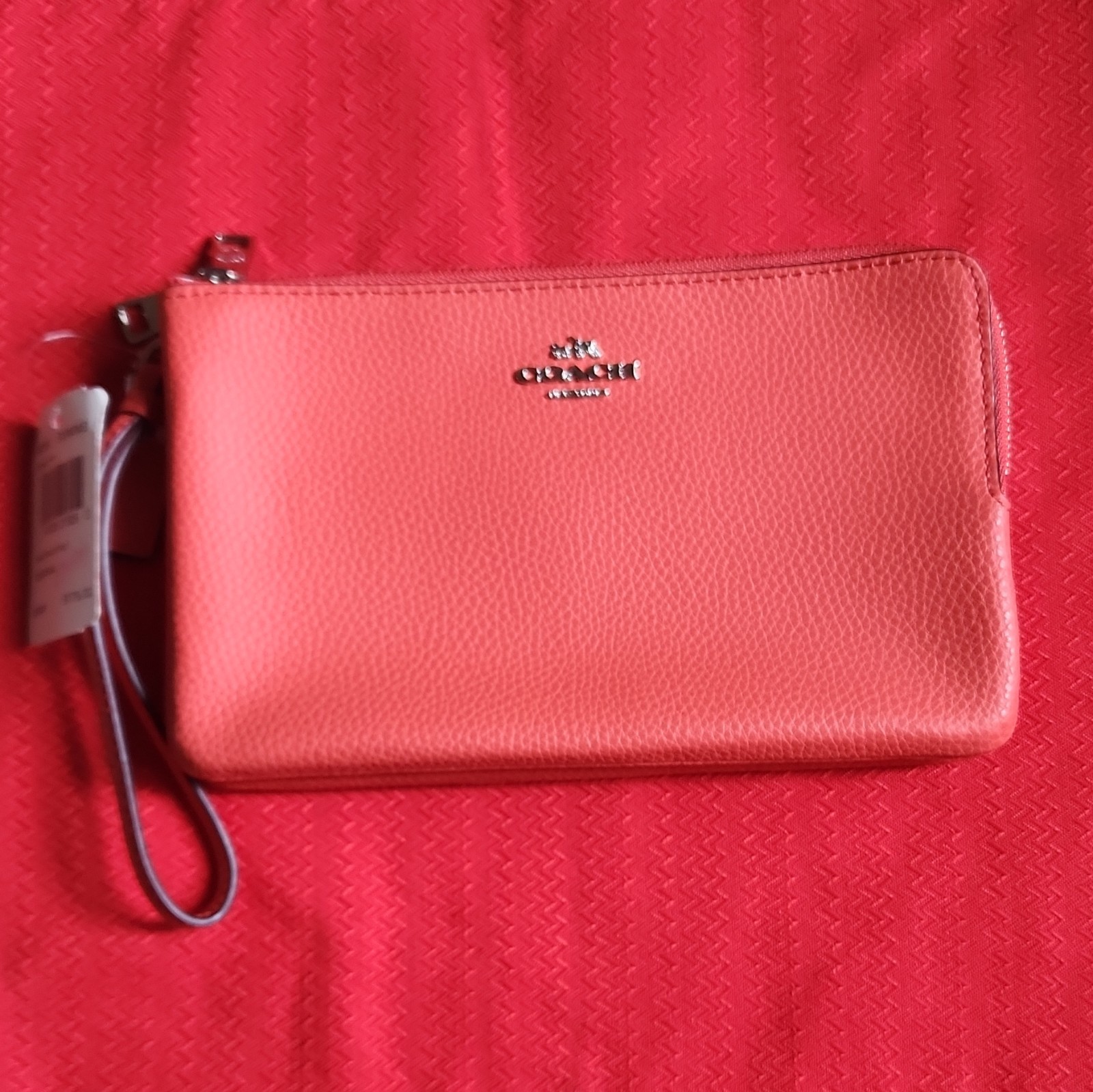 NWT Coach F87587 Double Zip Wristlet Coral Pebbled Leather Wallet